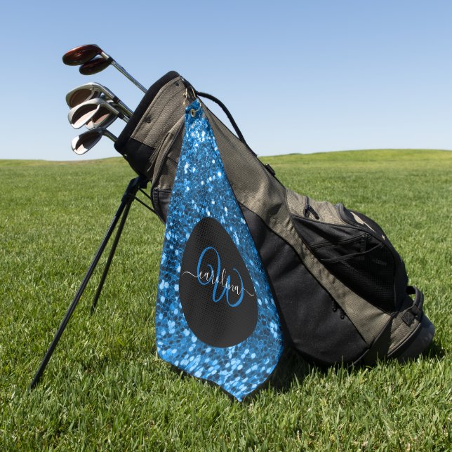 Stilvolle monogramm blauer Glitzer schwarz Golfhandtuch (Gras)