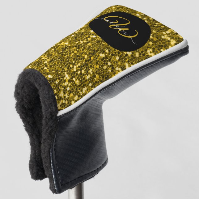 Stilvolle monogramm goldene Glitzer schwarz Golf Headcover (3/4 Vorderseite)