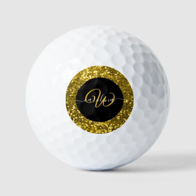 Stilvolle monogramm goldene Glitzer schwarz Golfball (Vorderseite)