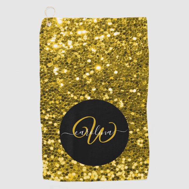 Stilvolle monogramm goldene Glitzer schwarz Golfhandtuch (Vorderseite)