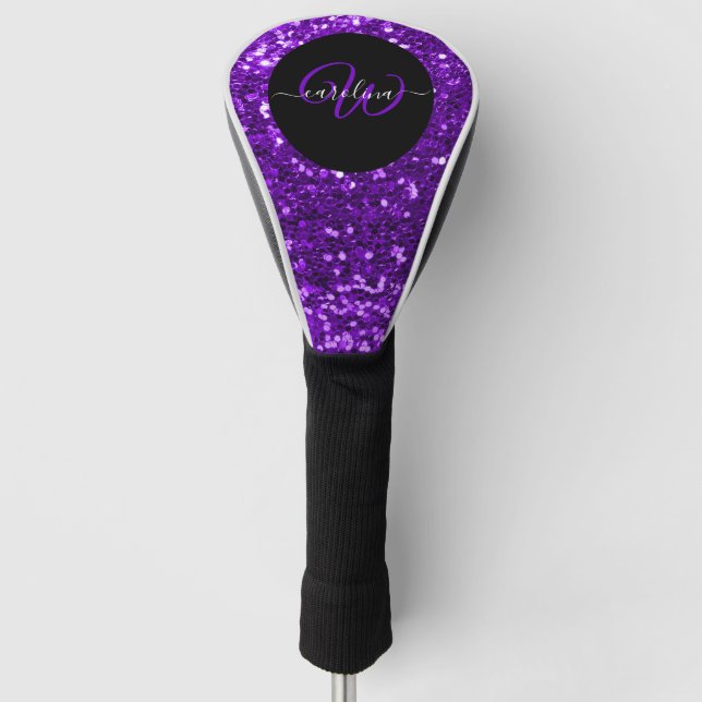 Stilvolle Monogramm lila Glitzer schwarz Golf Headcover (Vorderseite)