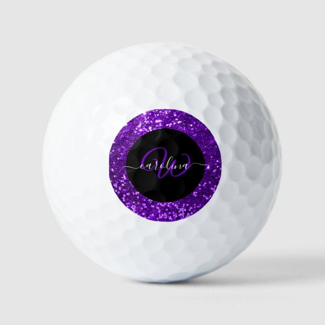 Stilvolle Monogramm lila Glitzer schwarz Golfball (Vorderseite)