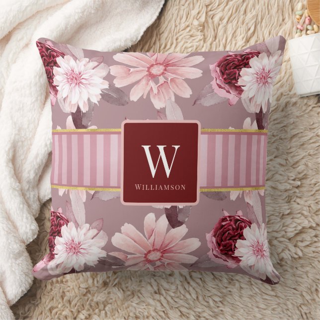 Stilvolle Monogramm Name Magenta Pink Floral Strei Kissen (Decke)