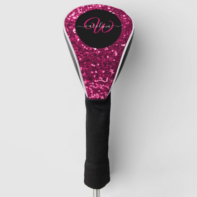 Stilvolle monogramm rosa Glitzer Name schwarz Golf Headcover (Vorderseite)