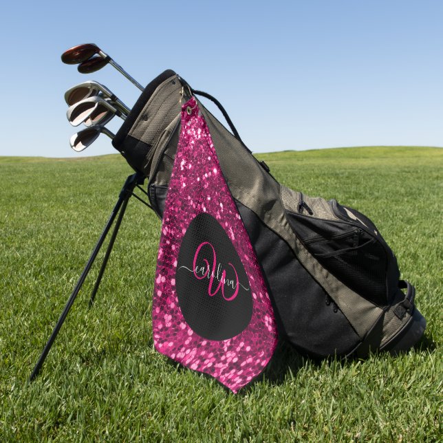 Stilvolle monogramm rosa Glitzer Name schwarz Golfhandtuch (Gras)