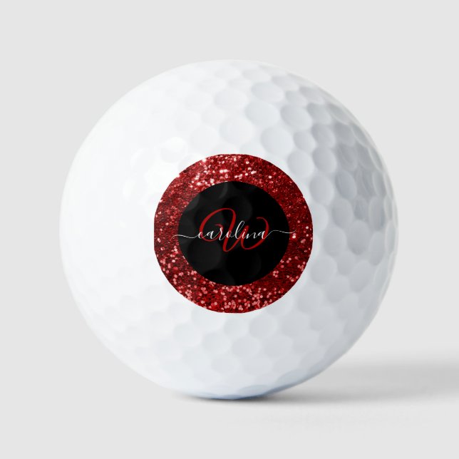Stilvolle monogramm rote Glitzer schwarz Golfball (Vorderseite)