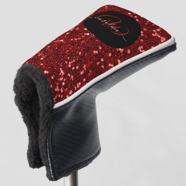 Stilvolle monogramm Roter Glitzer Name Black Golf Headcover (3/4 Vorderseite)