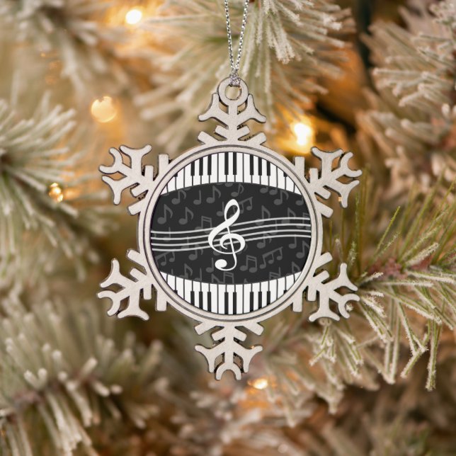 Stilvolle Musiknoten Treble Clef und Piano Keys Schneeflocken Zinn-Ornament (Baum)