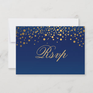 Stilvolle Navy Blue & Confetti Gold Dot Wedding RSVP Karte