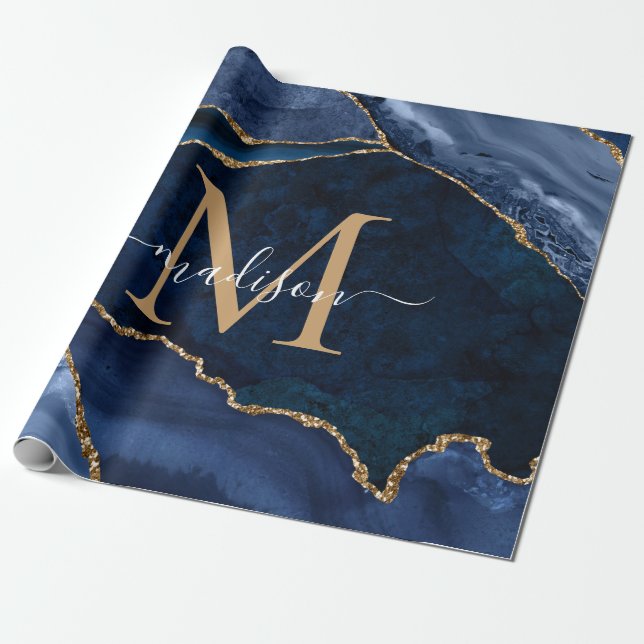Stilvolle Navy Blue Gold Agate Geode Chic Monogram Geschenkpapier (Ungerollt)