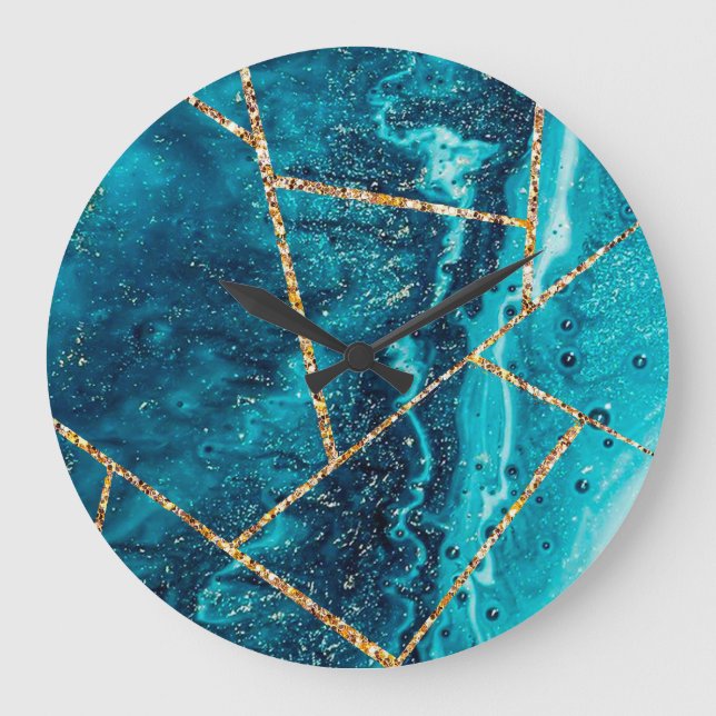 Stilvolle Navy Blue Gold Agate Geode Chic Monogram Große Wanduhr (Vorderseite)