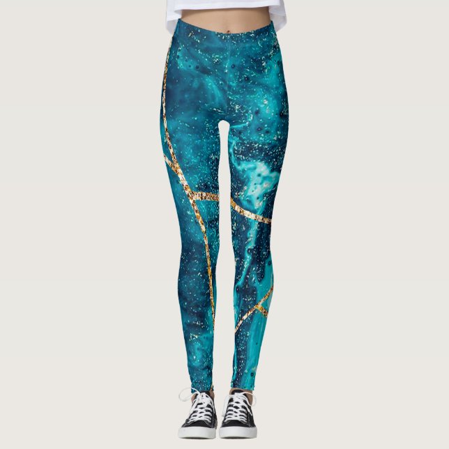 Stilvolle Navy Blue Gold Agate Geode Chic Monogram Leggings (Vorderseite)