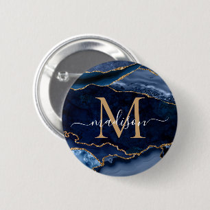 Stilvolle Navy Blue Gold Agate Geode Girly Monogra Button