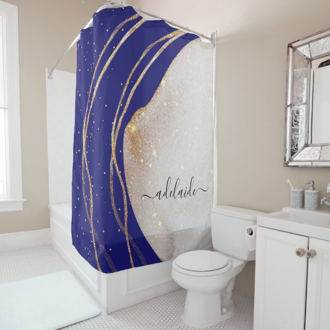 Stilvolle Navy Blue Gold Glitzer Agate Chic Monogr Duschvorhang (Beispiel)