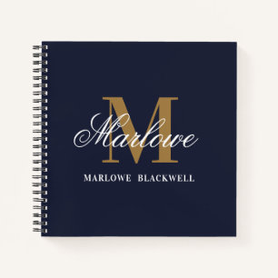 Stilvolle Navy Blue Gold Monogram Calligraphie Notizbuch