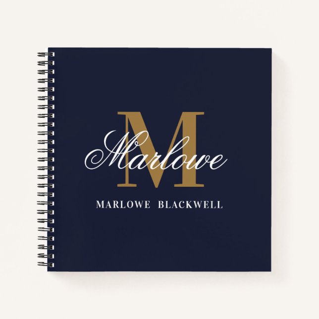 Stilvolle Navy Blue Gold Monogram Calligraphie Notizbuch (Vorderseite)