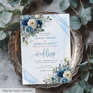 Stilvolle Navy Blue Silver White Roses Wedding Einladung