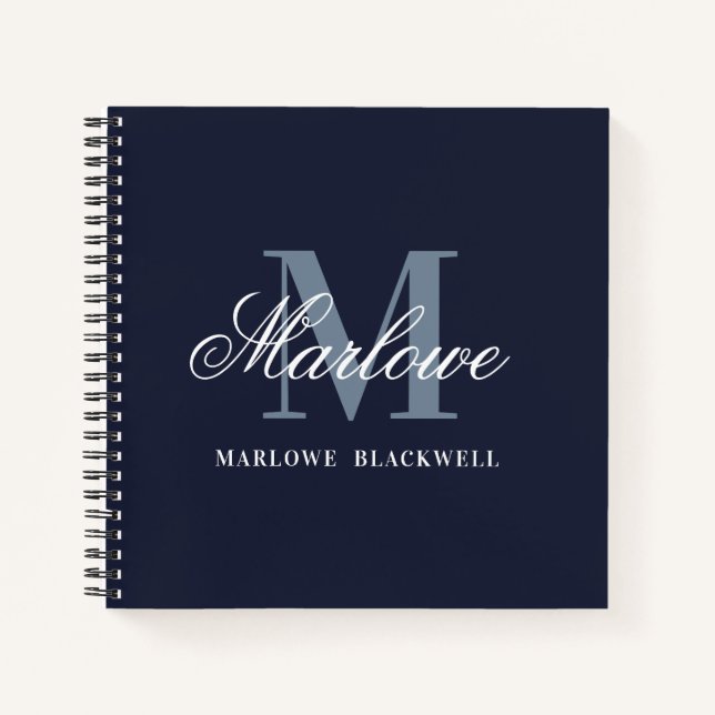 Stilvolle Navy Dusty Blue Monogram Calligraphy Notizbuch (Vorderseite)