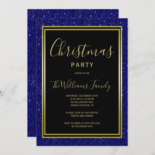 Stilvolle Navy Glitzer, Gold Gerahmtes Weihnachtsf Einladung (Vorne/Hinten)