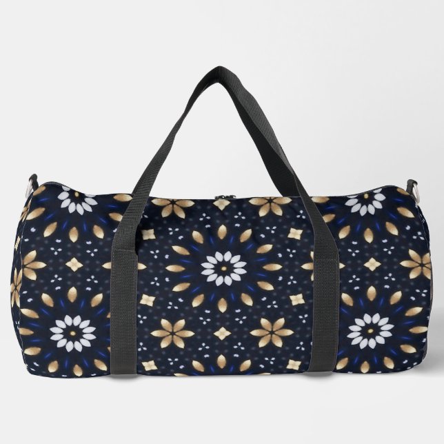 Stilvolle Navy, White & Gold Abstrakt Dot Art Duffle Bag (Vorderseite)