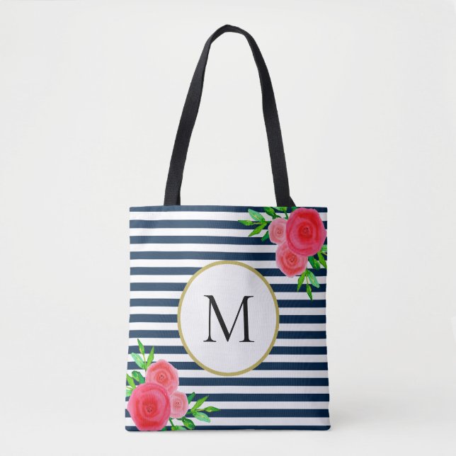 Stilvolle Navy White Striped Coral Floral Monogram (Vorderseite)