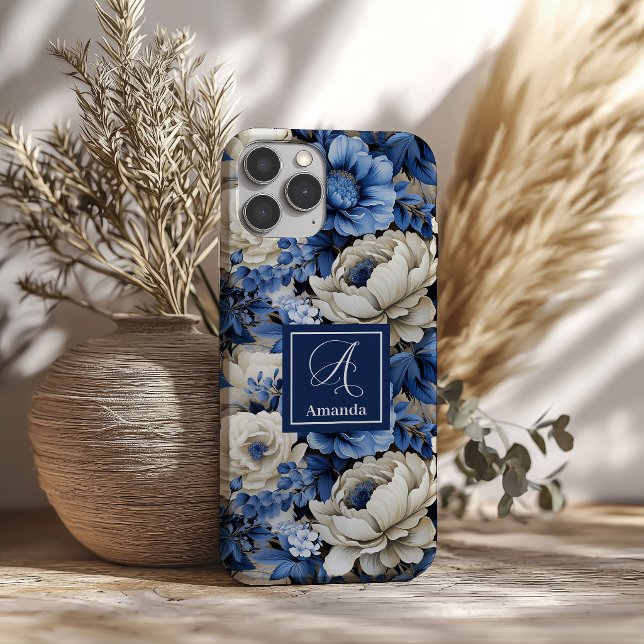 Stilvolle Navyblaue Blumen iPhone Hülle Case (Chic Navy Blue Flowers Stylish iPhone Case Cover)