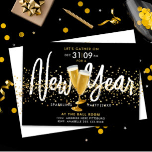 Stilvolle Neujahrs-Champagner-Goldkonfetti-Schwarz Einladung