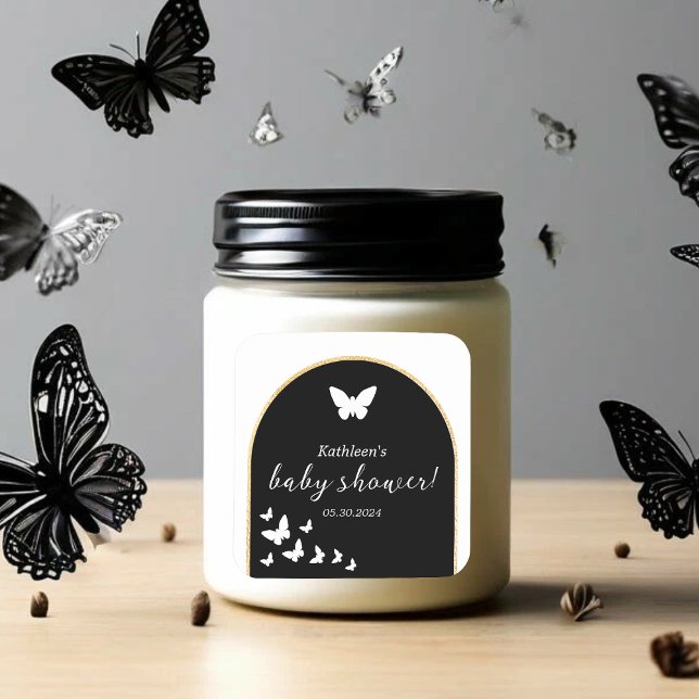 Stilvolle Neutral-Baby-Dusche für Schwarz-Weiß-Ges Quadratischer Aufkleber (Stylish Black And White Gender Neutral Baby Shower Square Sticker)