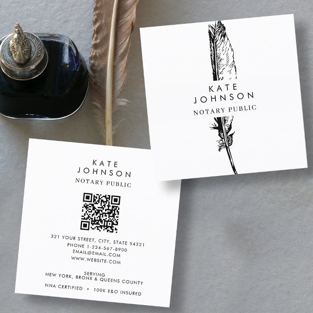 Stilvolle Notaraufzeichnung Agent Feather Quill Lo Quadratische Visitenkarte (Stylish Notary Signing Agent Feather Quill Logo Square Business Card)