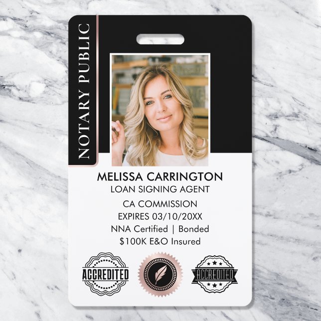 Stilvolle Notary Public Foto QR Black Rose Gold Ausweis (Von Creator hochgeladen)