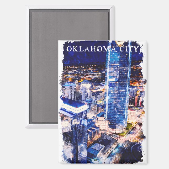 Stilvolle Oklahoma City Night View Wasserfarbe Magnet (Vorderseite/Rückseite)