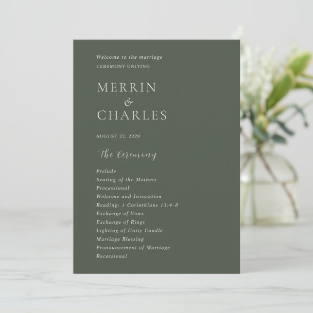 Stilvolle Olive Green Moderne Hochzeit Programm (Stehend Vorderseite)