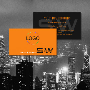 Stilvolle Orange Black mit Monogram und einfachem Visitenkarte