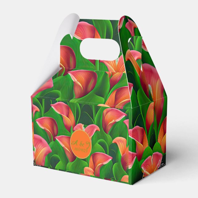 Stilvolle Orange Calla Lilies und grüne Botanicals Geschenkschachtel (Vorderseite)