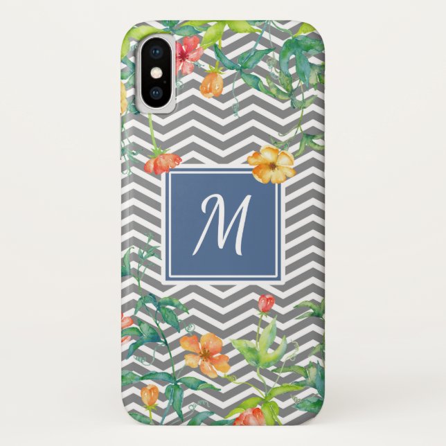 Stilvolle Orange Floral Zickzack Chic Blue Monogra Case-Mate iPhone Hülle (Rückseite)