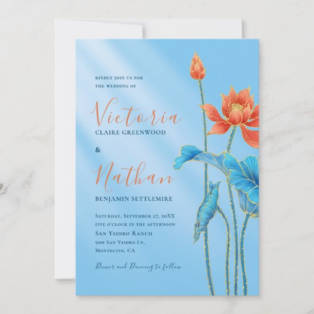 Stilvolle Orange Lotus Blume Blue Wedding Einladung (Vorderseite)