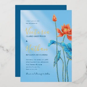 Stilvolle Orange Lotus Blume Blue Wedding Folieneinladung