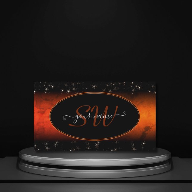 Stilvolle Orange Marble Black Glitzer Stars Monogr Visitenkarte (Von Creator hochgeladen)