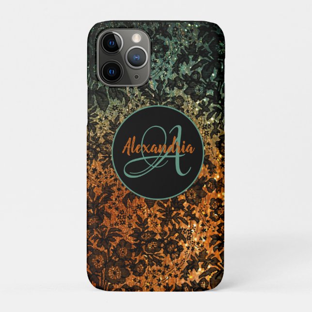 Stilvolle Orange- und Green Black Floral Monogram Case-Mate iPhone Hülle (Rückseite)