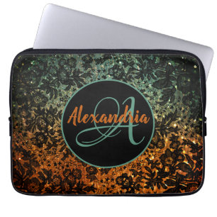 Stilvolle Orange- und Green Black Floral Monogram Laptopschutzhülle