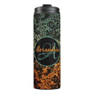 Stilvolle Orange- und Green Black Floral Monogram Thermosbecher