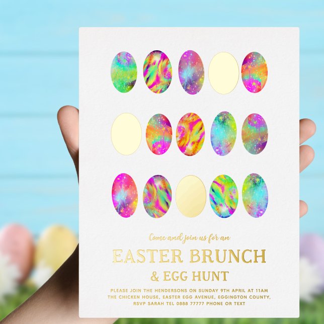 Stilvolle Osterfeier und Eierjagd Gold Folie Einladungspostkarte (Stylish Easter brunch and egg hunt gold foil invitation postcard)