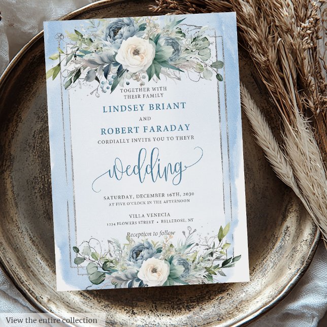 Stilvolle Pastel Blue White Silver Blume Hochzeit Einladung (Stylish Pastel Blue White Silver Flowers Wedding Invitation)