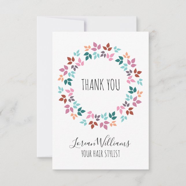 Stilvolle Pastel Floral Hair Stylist Leafy Wreath Dankeskarte (Vorderseite)