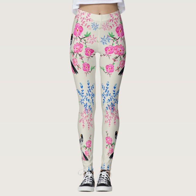 Stilvolle Pearl Floral Blume Natur Vögel Leggings (Vorderseite)