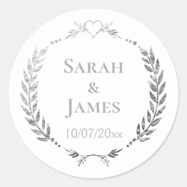 Stilvolle Personalisierte Silvery Gray Wreath Wedd Runder Aufkleber (Vorderseite)