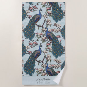 Stilvolle Pfau und Blume Bridesmaid Blue Strandtuch