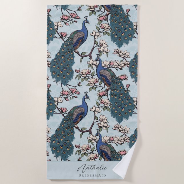 Stilvolle Pfau und Blume Bridesmaid Blue Strandtuch (Vorderseite)