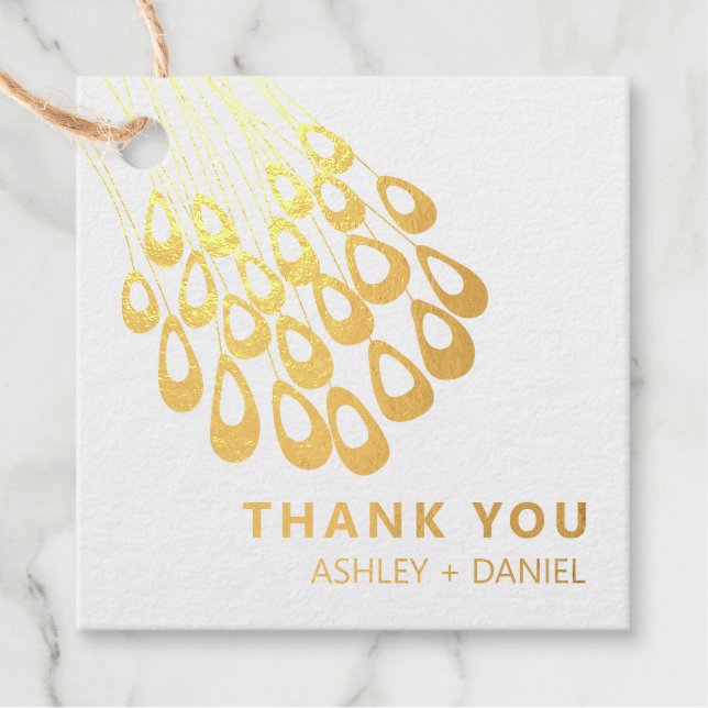 Stilvolle Pfauenfeder Moderne Hochzeitsgoldfolie Geschenkanhänger (Vorderseite)