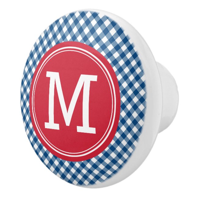 Stilvolle Picnic Blue Gingham und Red Monogram Keramikknauf (Rechts)